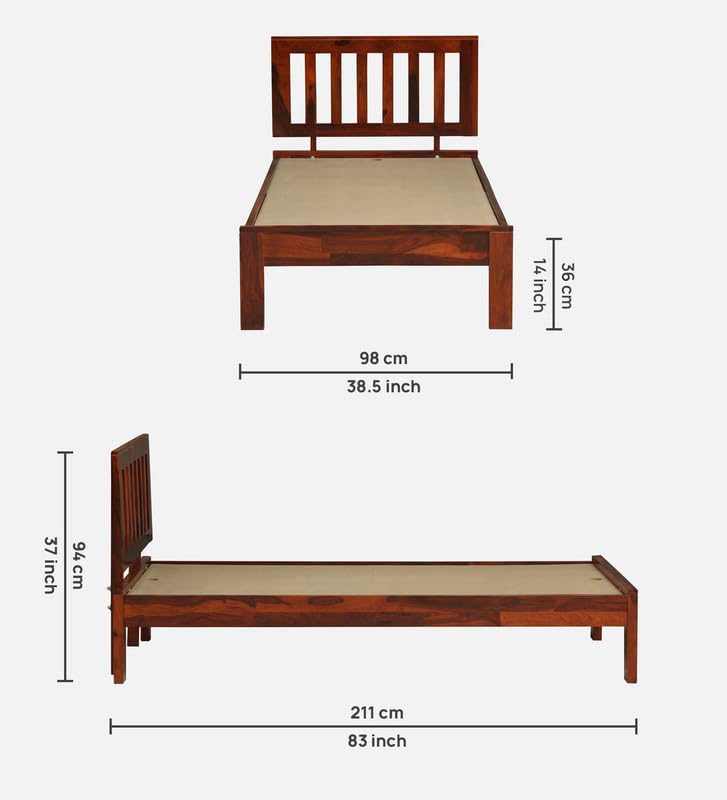 Image of Solid Sheesham Wood Wave Single Bed Without Storage, Wooden Single Bed Cot Palang for Bedroom, Guest Room, Home, Hotel and Hostel, Honey Oak Finish Durable Wooden Furniture