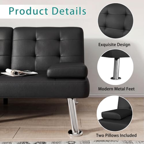 Image of Flamaker Futon Sofa Bed, Black Faux Leather Convertible Loveseat Couch