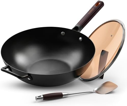 13.5" Carbon Steel Wok Pan - Pre-Seasoned Flat Bottom Woks & Stir...