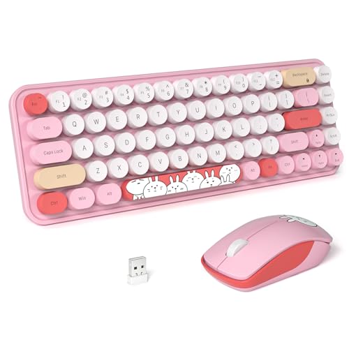 Image of FOPETT Wireless Keyboard and Mouse Cute Mouse and Keyboard 2.4G Wireless Keyboards with Colorful 68 Keys Typewriter Retro Round Keycap for PC, Laptop,Tablet,Computer Windows - Pink Colorful