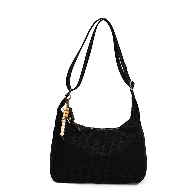 Leopard Suede Crossbody Bag for Women Slouchy Leopard Print Shoulder Bag Trendy Suede Hobo Bag