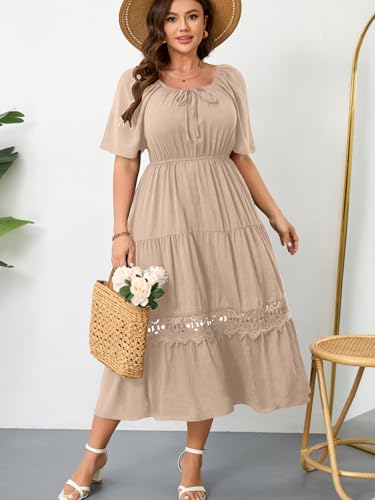 Image of RWJ Women's Plus Size Maxi Dress Short Sleeve Square Neck Flowy A-Line Lace Trim Flutter Party Casual Off Shoulder Dresses