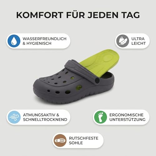 Procity Damen Herren Hausschuhe Gartenschuhe atmungsaktive Clogs leichte Pantoffeln Strand Schuhe Sandalen Grey/Yellow 43