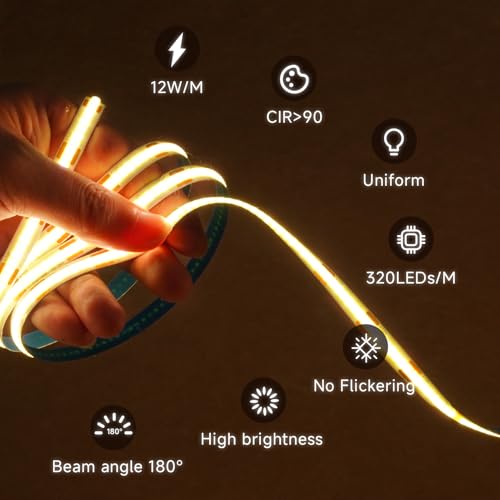 Image of COB LED Strip 12V Neutral White 4000K 5M Self Adhesive 320LEDs /m 8mm Wide CRI90+ Flexible Under Furniture Light for TV DIY Decoration (No Source