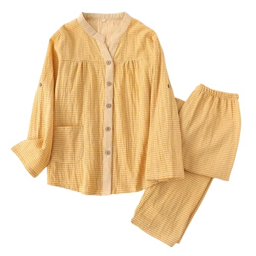 [TDIOSN] パジャマ レディース ルームウェア 上下セット ガーゼ 綿100% 長袖 前開き 柔らか 通気速乾 シンプル プレゼント 春夏秋 (イエロー,M)のサムネイル