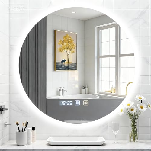 Litglobe Specchio Bagno con Luce 60x60cm,Specchio da Bagno Rotondo Moderno con Antiappannamento,Interruttore Touch,Funzione Memoria,3 Colori Regolabili