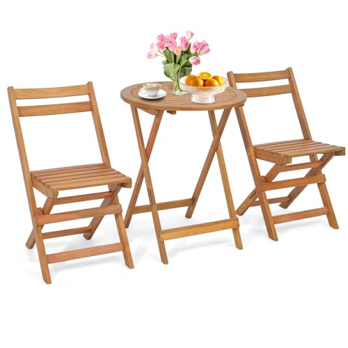 HAPPYGRILL Folding Patio Bistro Set Wood Chair Table Set with Slatted Acacia Wood Seat & Tabletop, Cozy High Back Chairs with Table, Outdoor Dining Set for Backyard, Poolside