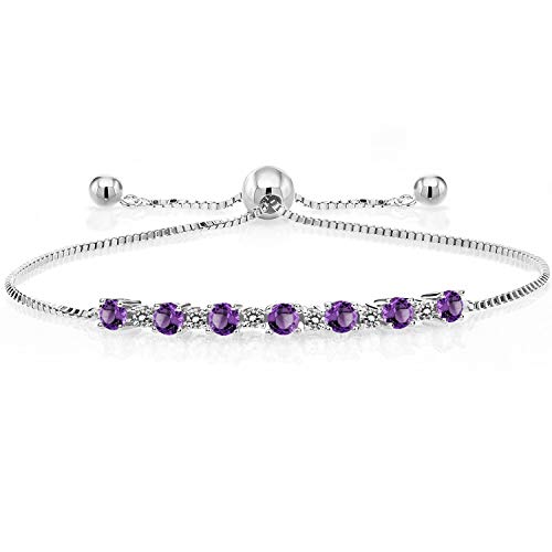 Gem Stone King 925 Sterling Silver Round Purple Amethyst and White Diamond Tennis Bracelet For Women (0.85 Cttw, Gemstone Birthstone, Fully Adjustable Up to 9 Inch)