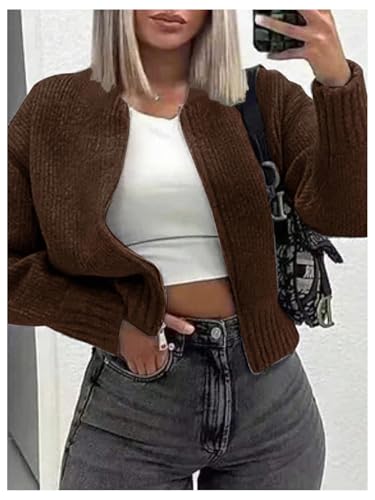 Image of GORGLITTER Women's Zip Up Cardigan Sweaters Trendy Fall Cozy Long Sleeve Knitted Autumn Winter Sweaters Jacket Dressy Brown X-Large