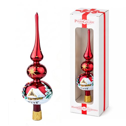 Finial Glass Christmas Vintage Tree Topper, Burgundy Snowflake 12 in | Vintage christmas tree toppers: a glass finial in Burgundy Snowflake, 12 in, mouth blown in Poland.