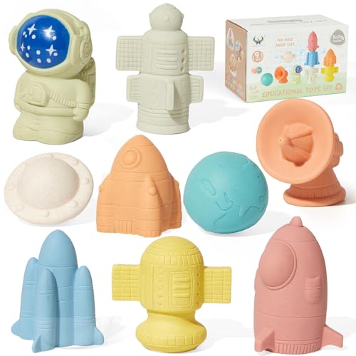 Image of AMCHSURI Mold-Free & No Holes Bath Toys 9 Pack | Safe Astronaut & Rocket Ship Toys for Babies 6-12M & Toddlers 1-3Y | Bathtub Pool Float Toys for Boys Girls