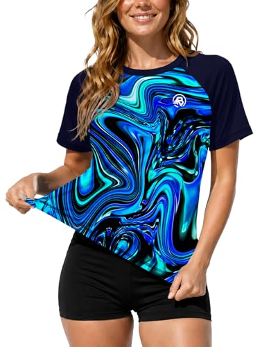 Image of AOBUTE Women Short Sleeve Rash Guard Gradient Sun Protection Swim Shirts