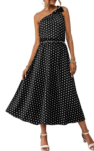 Image of ECOWISH Womens Summer One Shoulder Maxi Dress Casual Polka Dot Midi Dresses Sleeveless Long Pockets Sundress Beach Vacation