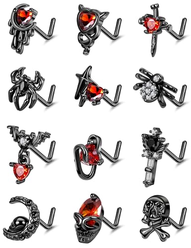 12Pcs 20G Stainless Steel Black Gothic Nose Rings Studs - Halloween Spider Bat Skull L Shaped Piercing Jewelry