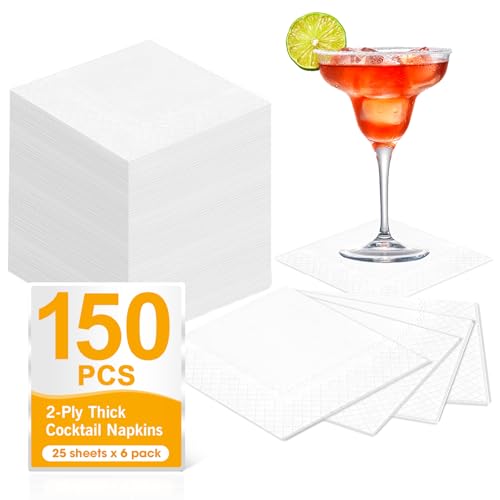 150 Count Cocktail Napkins Paper 2-Ply White Napkins Disposable Dinner Party Napkins for Christmas Wedding Bar Holiday Dining Party and Everyday Folded Size 4.5 x 4.5 Inch