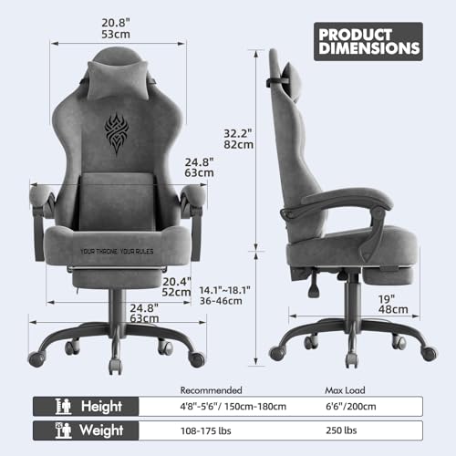 Image of Soontrans Dark Grey Velvet Fabric Gaming Chairs with Footrest, Ergonomic Comfortable Video Gamer Chair, Reclining Office Computer Desk Game Chairs with Massage Lumbar Cushion,Headrest for Adult