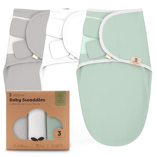 Image of Sweety Fox 3-Pack Organic Baby Swaddle Sleep Sacks - Swaddles for Newborns, Infant 0-3 Months, Baby Girls, Boys, Soft & Snug Newborn Sleep Sack, Nursery Swaddling Blankets, Velcro Closure (Moss)