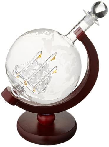 NEX Whiskey Decanter, Spirits Liquor Decoration, Etched World Globe Shape Design, Fiberboard Stand, Crafted Glass Sailing Ship, 1000ml Capacity, Father's Day Gifts