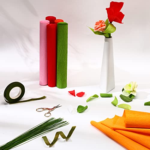 Gersoniel 57 Pieces Crepe Paper Flower Diy Kits 6 Rolls 35G Crepe Paper Rolls 50 Pcs Floral Iron Wire 1 Roll 50 Meter (Red Series) #TOP5