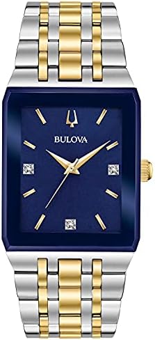 Bulova Men's Modern Two-Tone Stainless 3-Hand Quartz Watch, Blue Rectangle Dial with Diamonds Style: 98D154