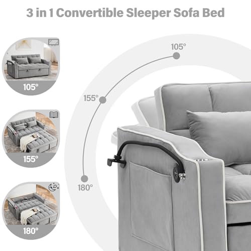 Wiis' Idea Convertible Sofa Bed,3-In-1 Velvet Sleeper Couch Pull-Out Bed,55'' Loveseat Sleeper Sofa Bed With Adjustable Backrest With 2 Pillows And Storage Bag & Usb Port And Swivel Phone Stand,Gray thumb #2