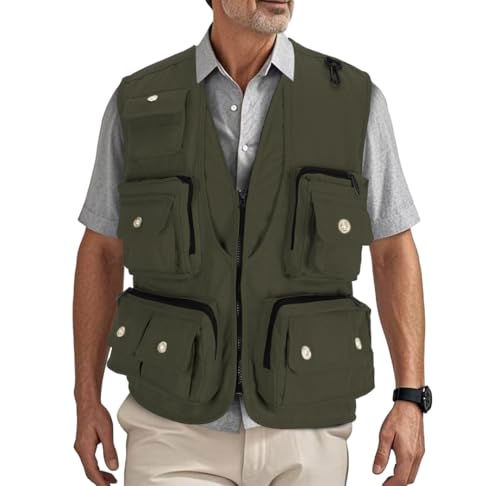 HZQIFEI Uomo Gilet da Pesca Multitasche Giubbino da Lavoro Smanicato Traspirante Outdoor Vest JRC Safari Giacche Gilet MJ15 (Verde Esercito, XL)