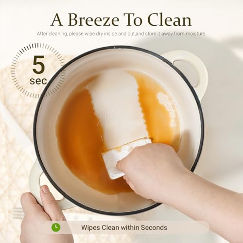 اوفرمونت وعاء طهي دائري من الحديد الزهر المطلي بالمينا سعة 4.2 لتر مع غطاء وكتاب طبخ وحوامل قطنية - اواني طهي هولندية غير لاصقة للفرن للطهي والطهي والتحميص والخبز - ابيض، 24 سم