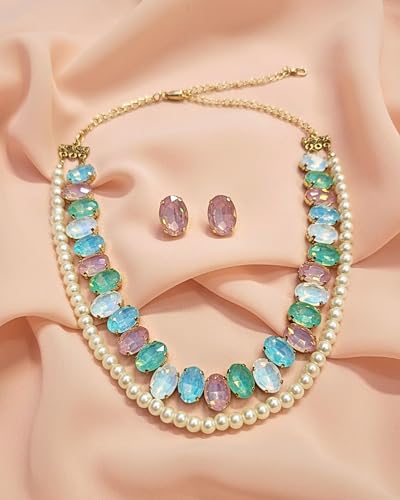 Image of Mansiyaorange Statement AD CZ American Diamond Cubic Zerconia Pearl Necklace Set | Gold Plated Chunky Fashion Jewelry for Women & Girls