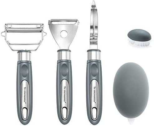 To encounter Vegetable Peeler Set, Stainless Steel Peeler With Cleaning Brush, Set of 4 Ultra Sharp Ergonomic Kitchen Gadget Set, Comfortable Handle (Grey)