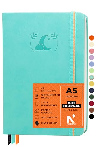 Image of NEORAH - A5 - ART JOURNAL | 200 Gsm Dotgrid Notebook | 160 Pages(21.0 x 14.8 cm) |Hard Cover | 3 Bookmarks | Elastic Closure | Back Pocket | Ideal - Bujo,Drawing & Painting, Junk Journal (Teal)