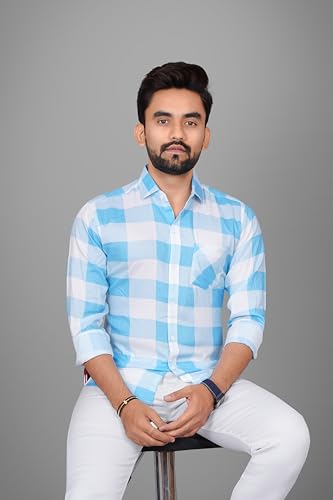 Image of Voroxy Men's Casual Checks Shirt with Pockets Cotton Blend Stylish Branded Checkered Pattern Formal Shirt & Regular Fit Full Sleeves and Spread Collar Style