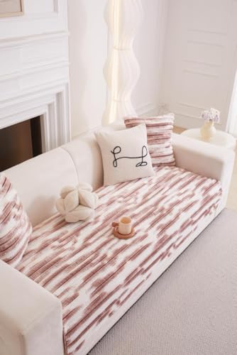 Image of HOMETHREADS 600GSM Thick & Soft Rabbit Fur Plush Sofa Cover-Luxurious Cozy Slipcover, Washable & Pet-Friendly, Anti-Scratch Protector for Sofas (Faux Linning White Pink, 5 Seater | 230x70cm)