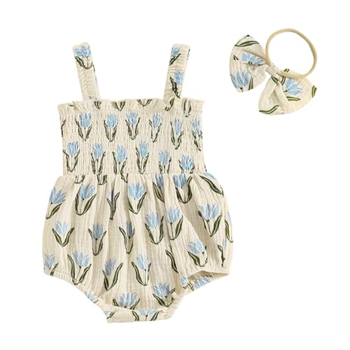 Image of Infant Baby Girl Linen Romper Smocked Bubble Bodysuit Frill Trim Ruffle One-Piece Jumpsuit Casual Cute Summer Clothes