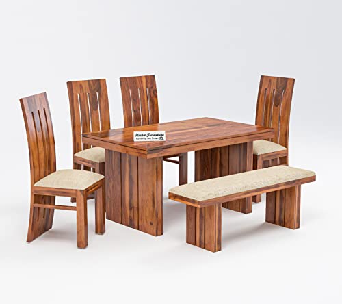 Image of Sheesham Wooden Dining Table 6 Seater Dining Set for Home & Restraunts | Solid Wooden Dining Table with 6 Chairs | Solid Wood Six Seater Dining Set (P+ Honey Finish)