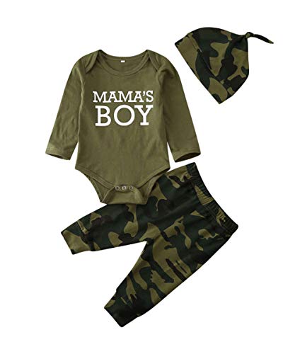 Newborn Baby Boy Clothes Mommy Sayings Top Printed T-Shirt Camouflage Pants+Hats Romper Outfit Set