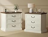 Huuger Nightstand with Charging Station, 3 Drawer Night Stand Set of 2, 22 Inch Wider Side Table with Storage, Farmhouse Nightstand with Vintage Handles, Thicken Base, for Bedroom, Distressed White