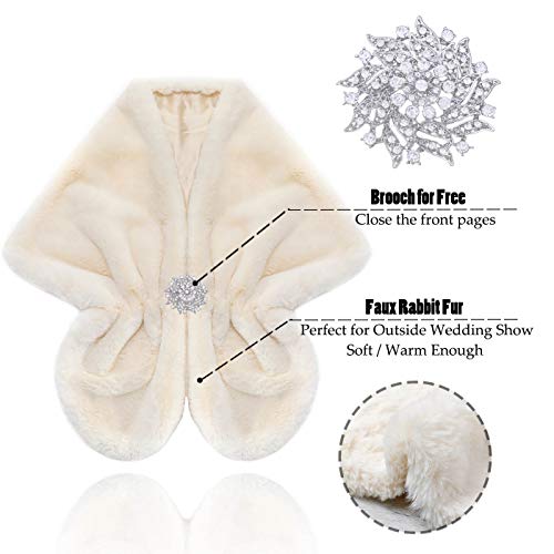 Nicute Bride Wedding Fur Shawls Winter Faux Fur Scarves Bridal Fur Stole with Rhinestone Brooch for Women and Girls4