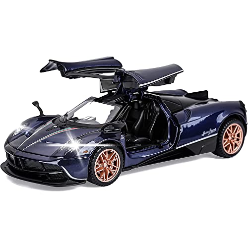 Image of DEUSON ECOM 124 Scale Huayra Die Cast Metal Toy Car for Kids Metal Diecast Car Toy Pullback Sound and Light Openable Door, Blue