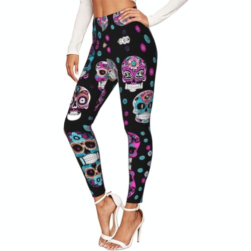 Leggings de compresión mujer con calaveras coloridas para un entrenamiento suave
