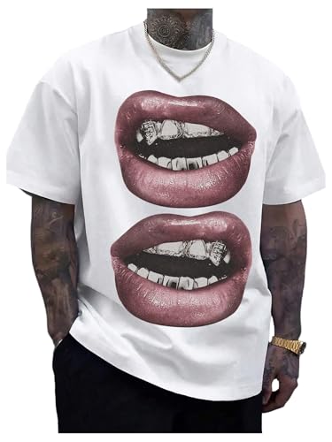 GORGLITTER Men's Lip Pattern Graphic Tees Loose Short Sleeve
