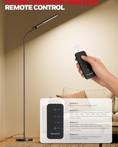 Image of Honeywell LED Floor Lamp with Remote, CRI97 Dimmable Gooseneck 77 inch Black