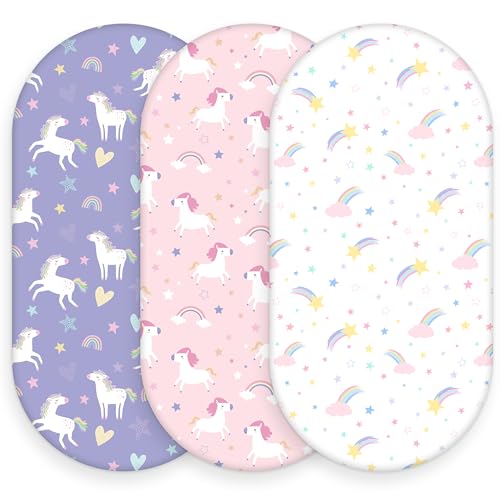 Image of Baby Bassinet Sheets, 3 Pack Fitted Bassinet Mattress Sheets, Compatible with Halo Bassinest Swivel Sleeper & Oval Hourglass Rectangle Mattress, Ultra Soft Pink Purple Rainbow