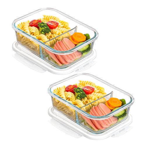 LEKEFETO Juego de 2 recipientes de cristal para preparar comida con tapa con 2 compartimentos, 1040 ml, sin BPA, herméticos, para lavavajillas, microondas, horno