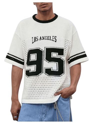 WDIRARA Men's Number Letter Graphic Sweater Crewneck Half Sleeve Pullovers Knit Top