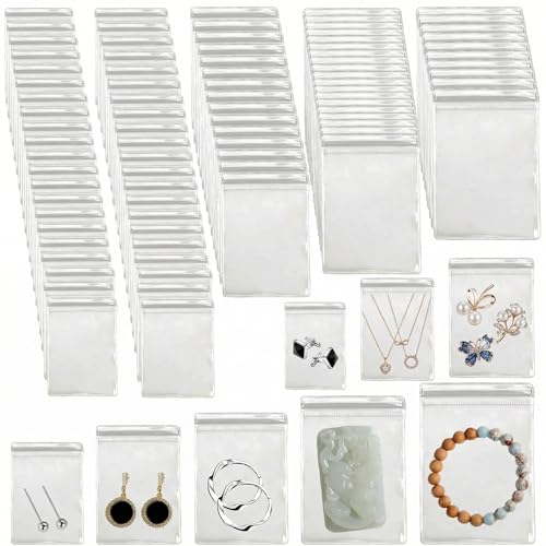 OTKJMH 160Pcs Clear PVC Self Seal Jewelry Bags 5 Sizes Resealable Zipper Bags Anti-Tarnish Storage Bags for Earrings Rings Jewelry Organizer and Packaging