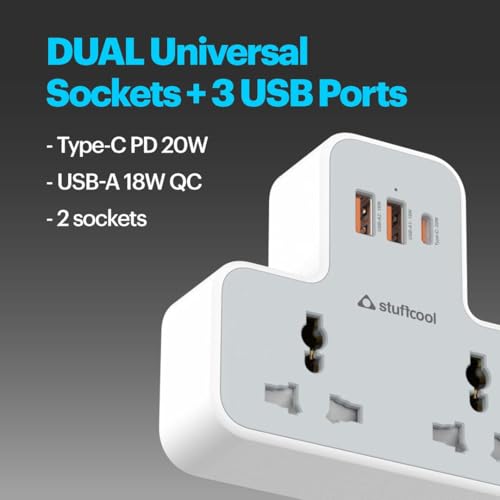 Image of Stuffcool ChargeT 2 AC Universal Socket with Built in 20W GaN Charger, with Surge Protection for Type C Ports, Made in India, with 3 PIN Plug, Works with 6A Plugs, Without Blocking Adjacent Plugs