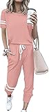 AIMICO Womens Two Piece Outfit Short Sleeve Pullover With Drawstring Long Pants Pink Tracksuit Jogger Set with Pockets Plus Size XX-Large