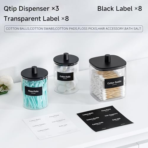 3-Pack-Glass-Qtip-Holder-Dispenser-10-oz-Clear-Canister-Apothecary-Jar-Bathroom-Vanity-Storage-Organizer-Set-for-Cotton-Swabs-Pads-Floss-Picks-Small-Containers-for-Makeup-Storage-Black