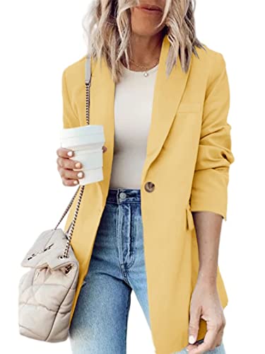 Cnkwei Womens Blazer For Work Casual Long Sleeve Lapel Collar Open Front Button Solid Color Blazer Jackets With Pockets Yellow #TOP25