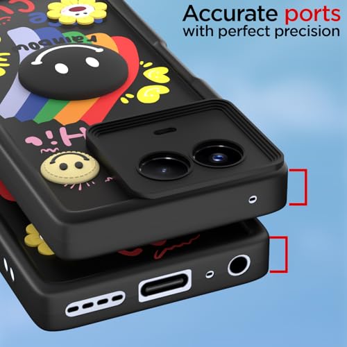 Image of Pikkme Back Cover for Realme 11 / 11X 5G / Narzo 60X 5G | Soft Silicone| Cute Rainbow Smile & 3D Cartoon Flower Design | Shockproof Raised Camera Protection Bumper Case (Black)